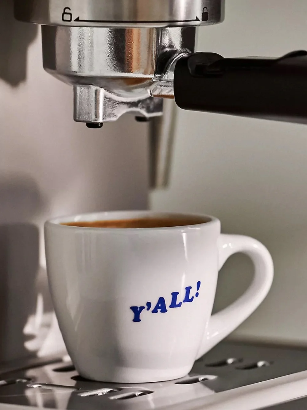 Anthropologie Stoneware White Espresso Cup with Y'ALL! Blue Print